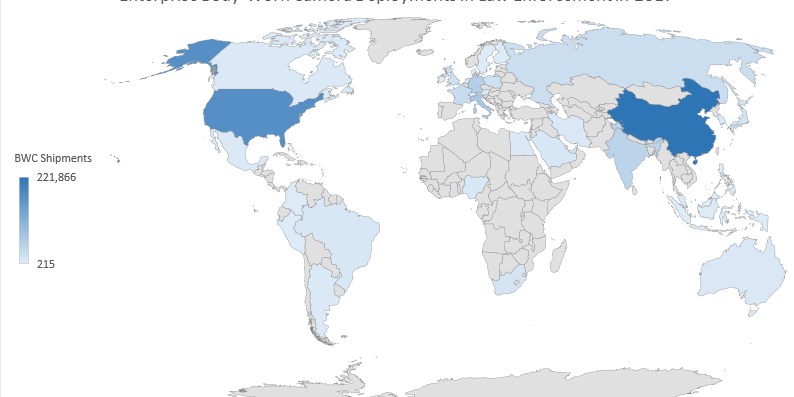 Law Enforcement Body Worn Camera Shipments in 2017 Global map of body-worn camera deployed in law enforcements