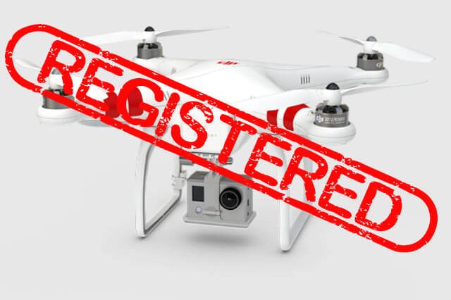 DJI drone with red text over spelling "registered"